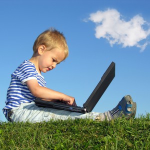 child with notebook sit blue sky with cloud