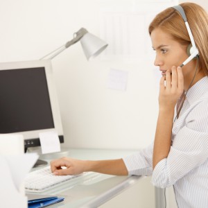 Customer service worker with headset