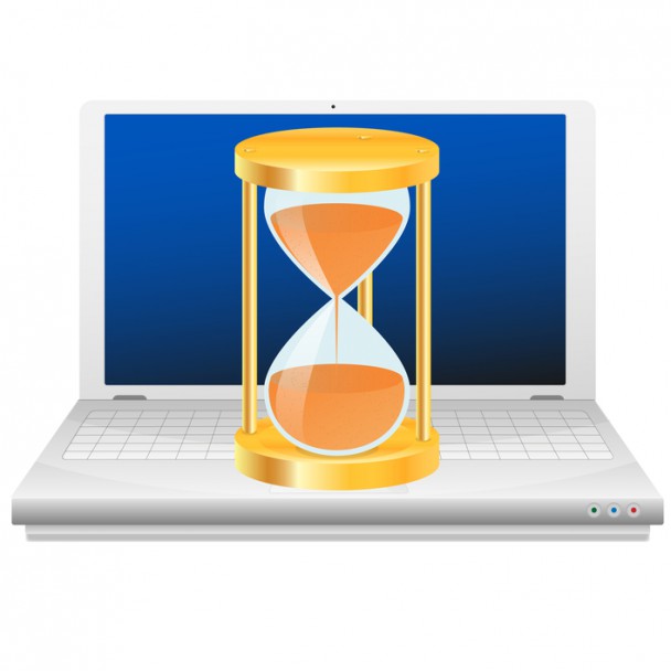 Hourglass on laptop. Time icon.