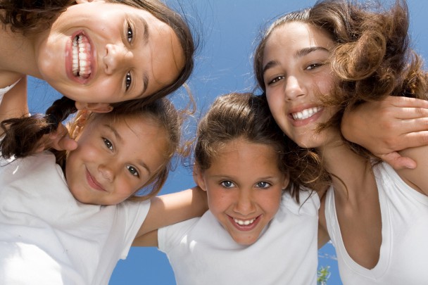 summer camp, happy group of smiling, girls kids or children