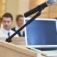 laptop on conference speech podium