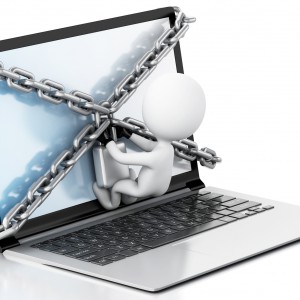3d Laptop with lock and chain. Data security concept.