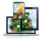 Christmas Tree on Laptop Screen Tablet PC and Smartphone over Bright Background, isolated on white, vector illustration