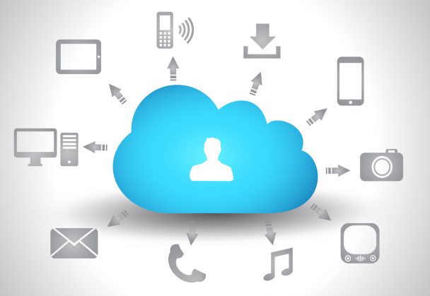 Cloud Computing concept background with a lot of icons: tablet, smartphone, computer, desktop, monitor, music, downloads and so on