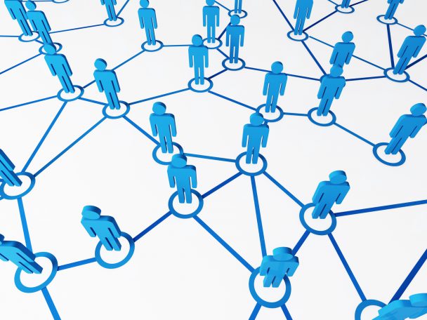 3d image of blue virtual people, connect on white background
