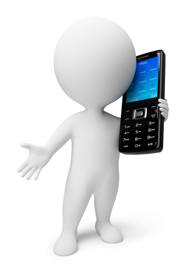 3d small people with a black mobile phone. 3d image. Isolated white background.